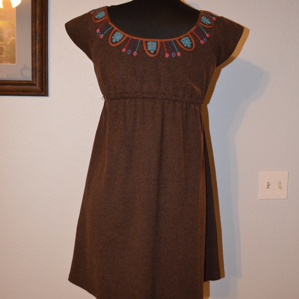 Anthropologie Theme Dress Boho Size M Brown Embroi